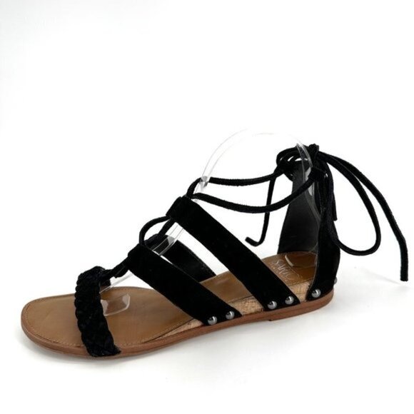 Franco Sarto Pierson Black Suede Ghillie Wedge Braided Tie Ankle 8.5 Sandals - Picture 1 of 9